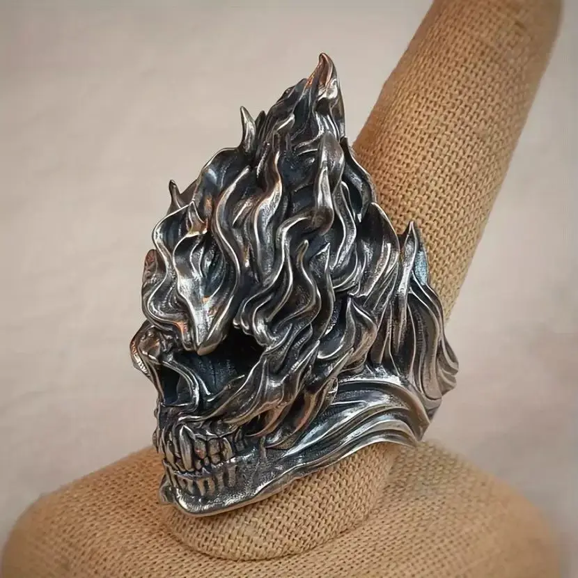 Men's Vintage Flame Skull Ring, Niche Euro-American Punk Dark Exaggerated Unique Hip Hop Band, Bold & Masculine