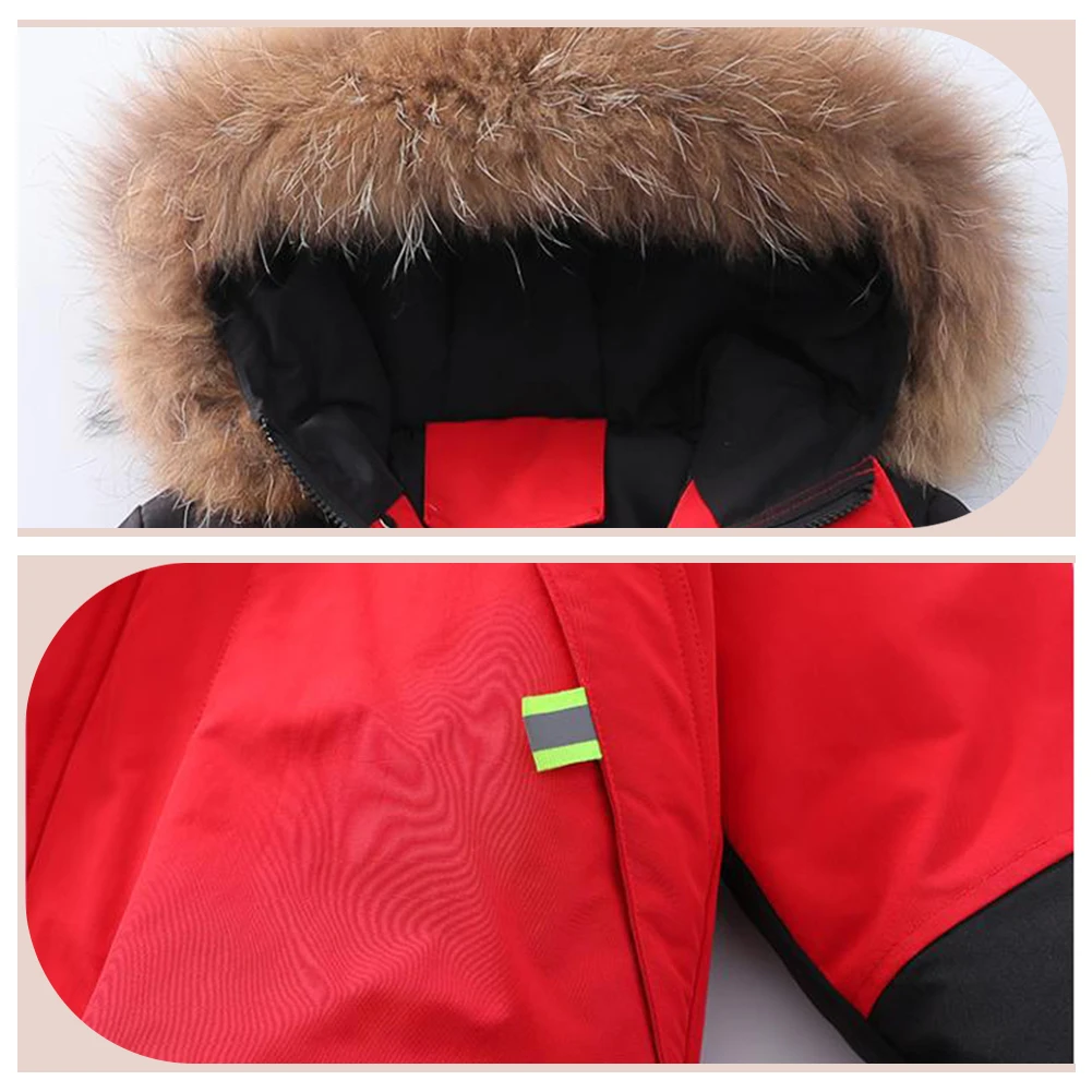 Children Winter Down Jacket Splicing Fur Hooded Boys Warm Coat Puffer Outerwear Cotton Padded Quilted Parka Windproof Snowsuits