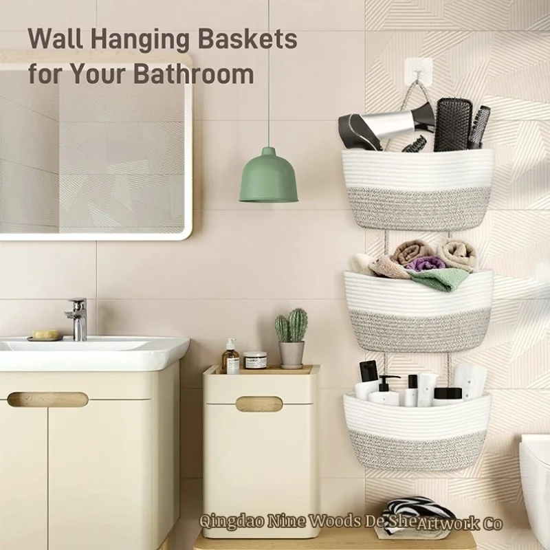 Three-layer hanging basket cotton rope hanging basket multifunctional detachable wall hanging woven storage basket