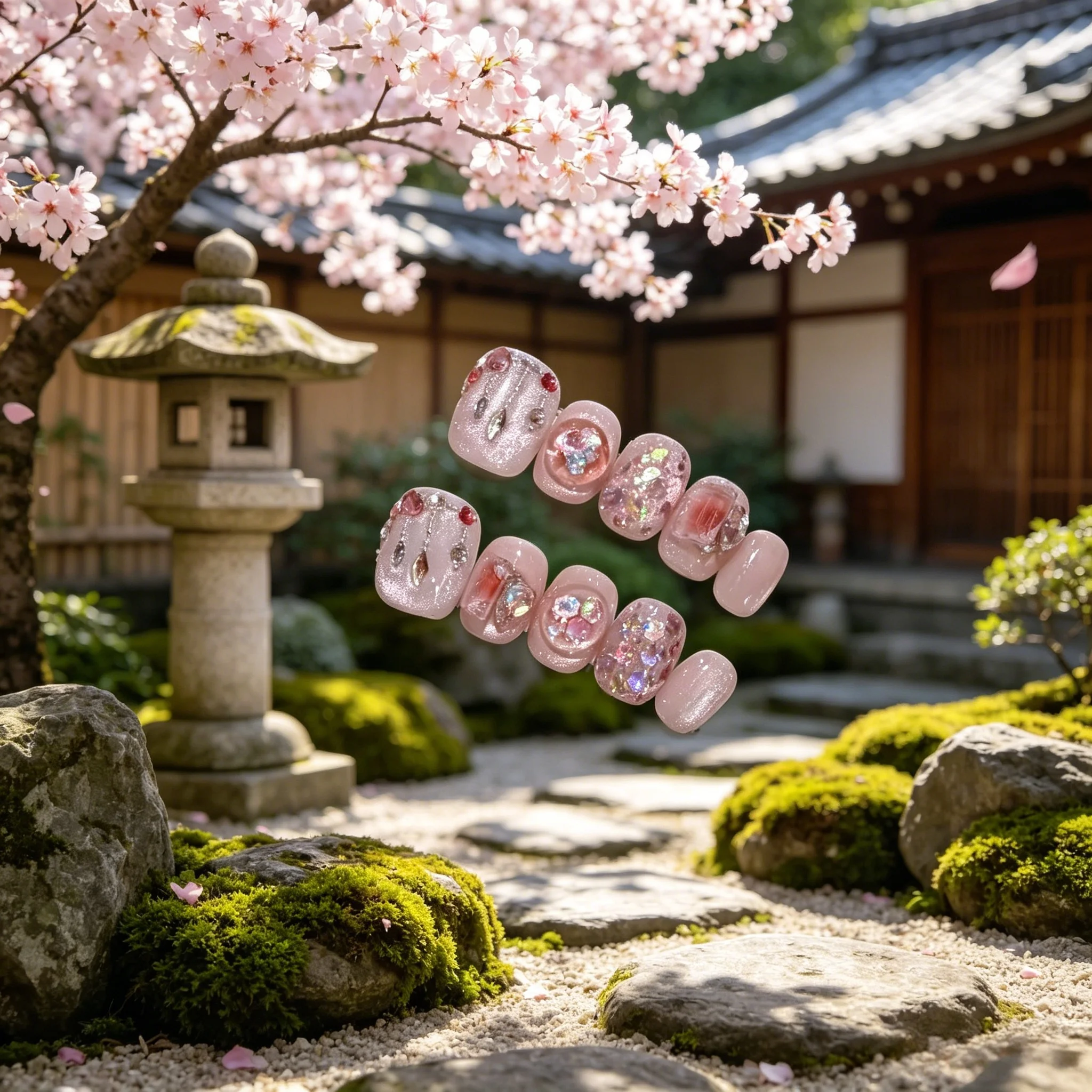 

10 шт. розовых накладных ногтей в форме сердца с бриллиантами, эффектом «кошачий глаз» и «Аурора», летние, короткие, овальные, для женщин и девушек