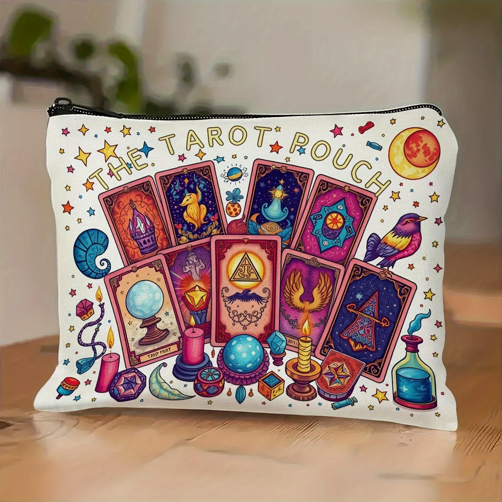 Colorful Tarot Card Pattern Cosmetic Bag - Portable Makeup & Toiletry Organizer with Vibrant Astrological Design