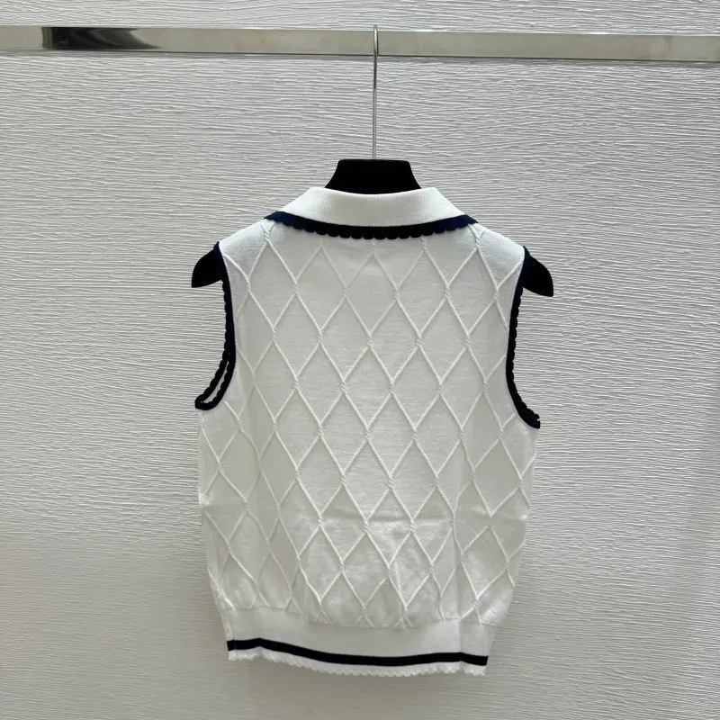 Women's Contrast Edge Lapel Quilted Pullover Sweater Vest Sleeveless Knit Top