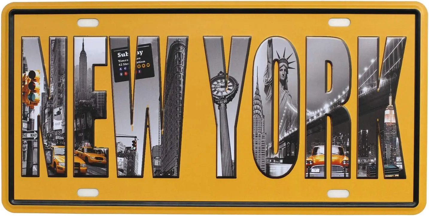 SUMIK New York Vintage Metal Tin Sign Auto License Plate, Embossed Tag Size 6
