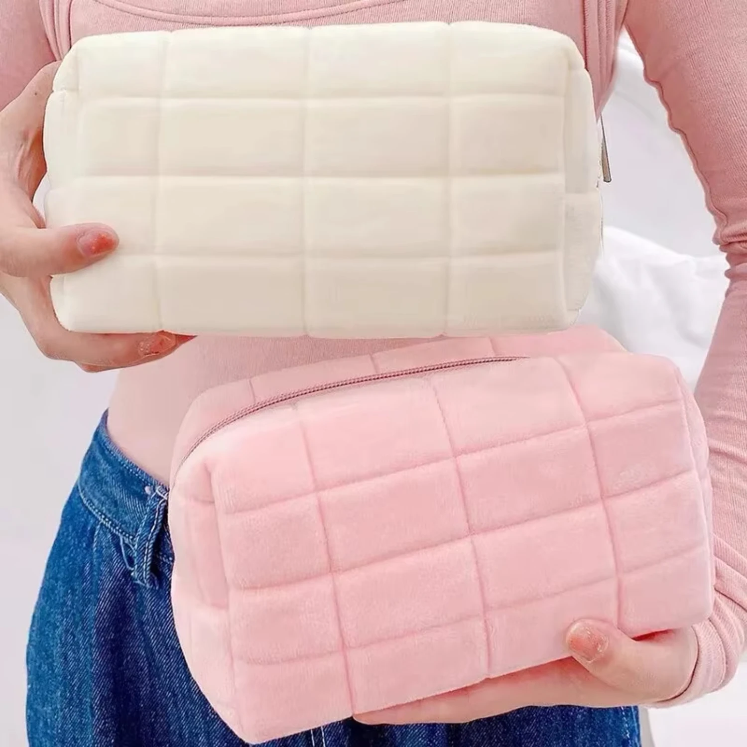 

Solid Cosmetic Large Women Zipper Makeup Organizer Handbag Stationery Pencil Case Travel Make Punch