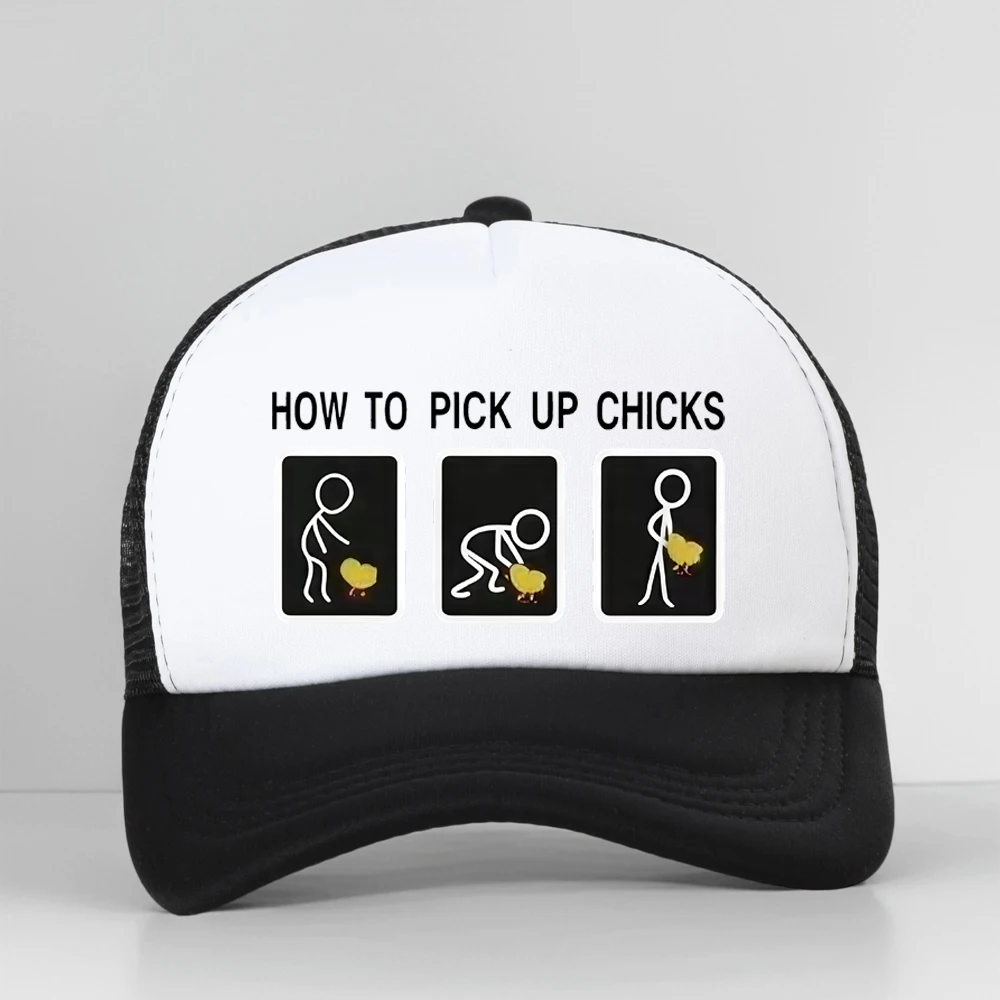 Funny How To Pick Up Chicks Print Baseball Cap Men Summer Fashion Mesh Trucker Breathable Adjustable Snapback Hat