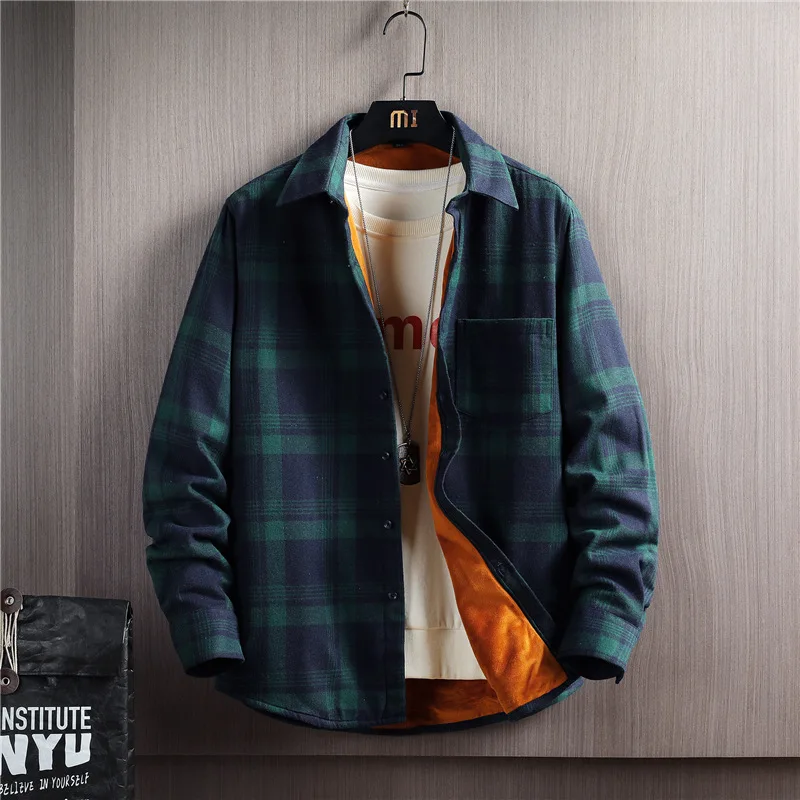 

Thickened Fleece Long Sleeve Casual Shirt Men's Fashionable Warm Outerwear Youth Stylish Winter Plaid Shirt Standard Fit