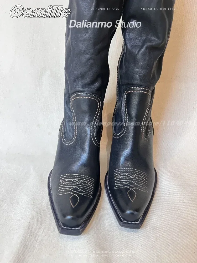 2025 Fashion All-Match Pleated Sexy Boots Square Toe Leather Boots