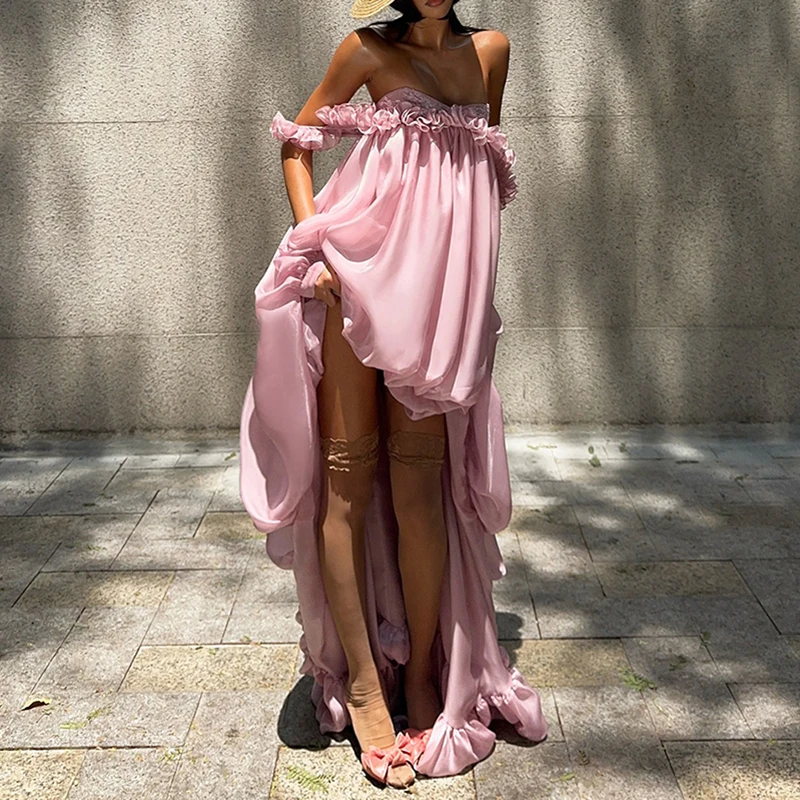 Women Sexy Irregular Pleated Banquet Dress Fashion Hight Waist Solid Loose Long Dress Elegant Off Shoulder Hollow Evening Dress