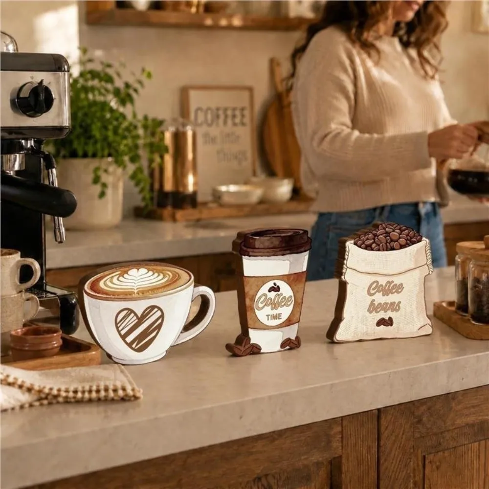 3 pcs Country style Desktop Ornament Retro Coffee Cup Decorative Wooden Board Coffee Beans Home Decoration Coffee Shop
