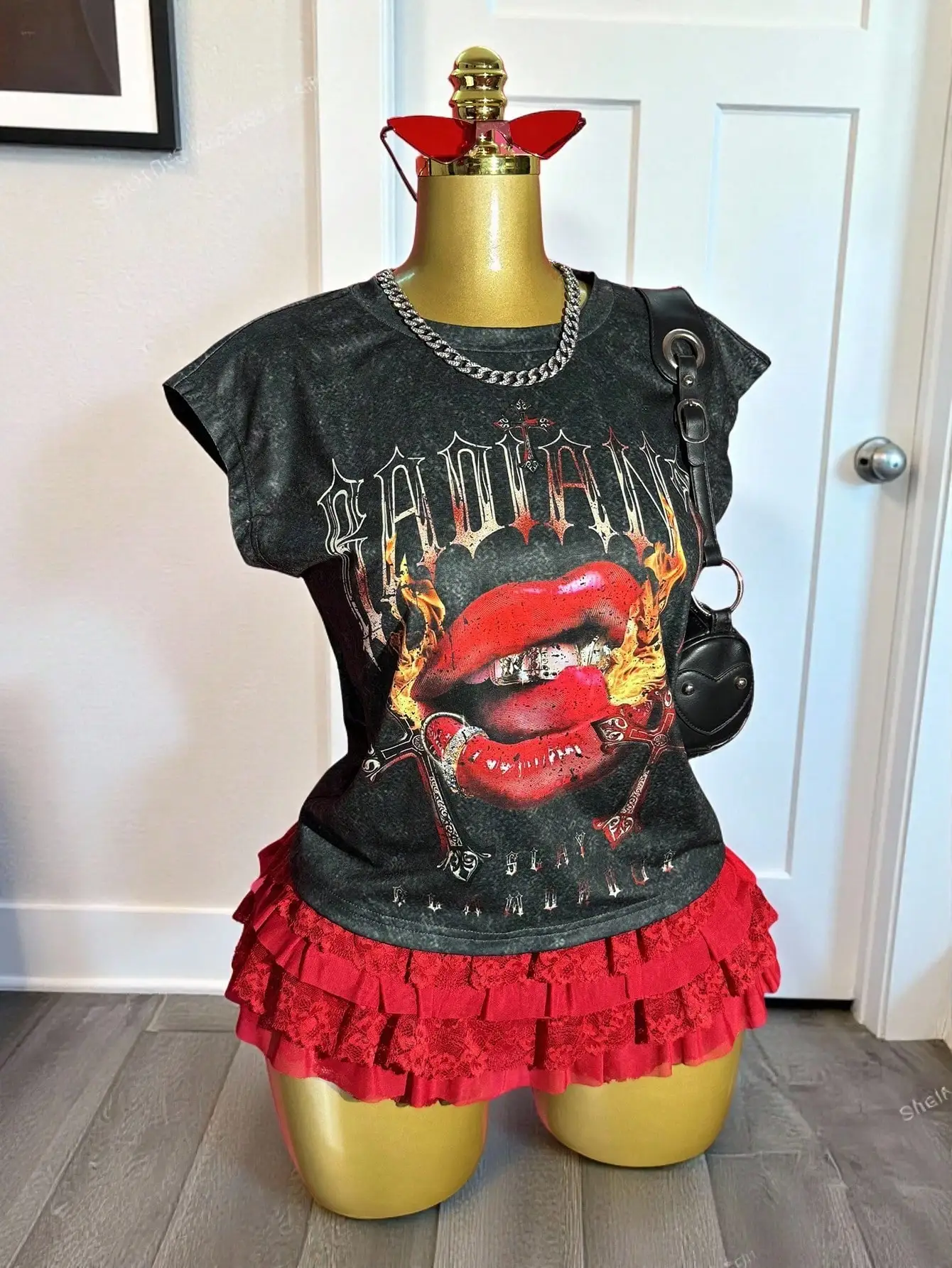 

Distressed Black Graphic Tee with Flame Lips Print + Red Ruffle Lace Skirt Set