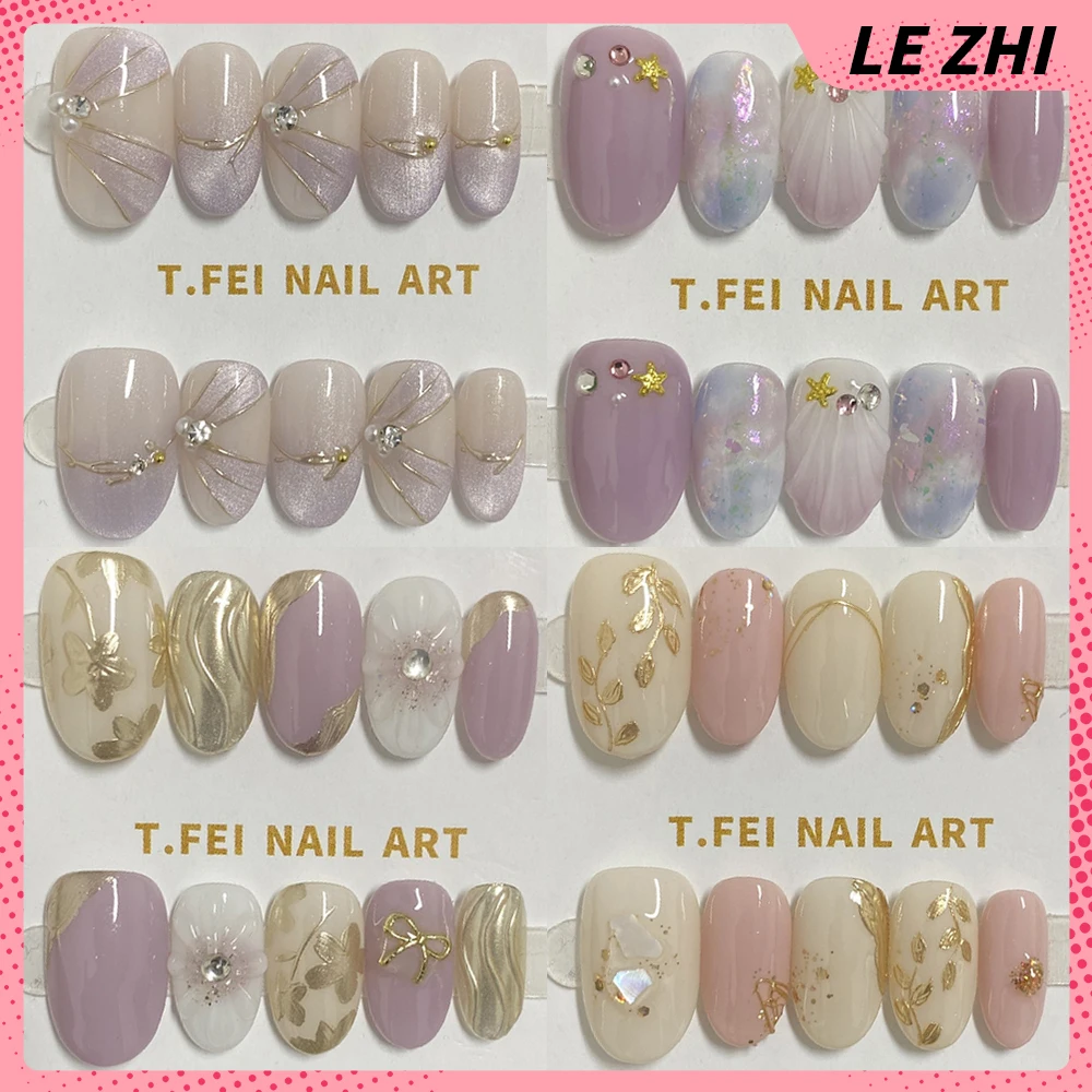 

Kawaii High Quality Handmade Short Nails Party Stickers 3D Flowers Pearl Flash Cat Eyes Design Artifical Press On Nails Gift