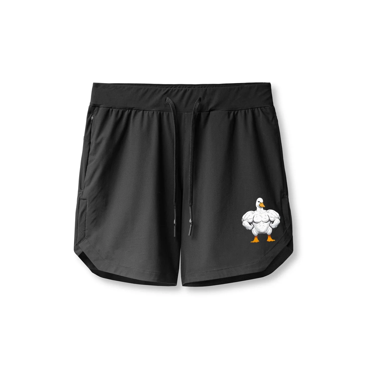 Men's Black Gym Shorts Muscular Duck Print Quick Dry Workout Running Shorts Breathable Drawstring Sport Shorts