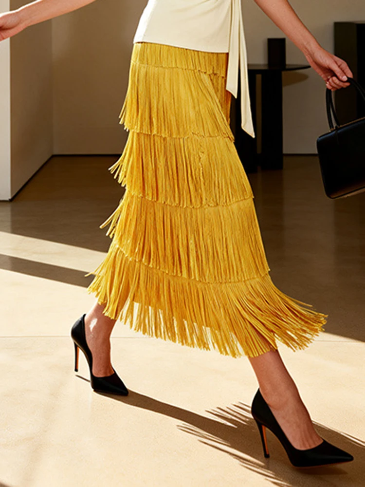 Elegant High Waisted Layered A-Line Skirt Women Fashion Tassel Solid Color Long Skirt Spring Autumn Casual Tiered Straight Skirt