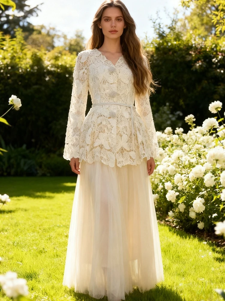 

Spring Autumn Elegant Mesh Skirt Suit Women V-neck Long Sleeves Ruffled Shirt+high Waist Irregular Skirt Female Two Piece Set