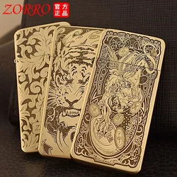 Zorro Vintage Engraved Wheel Metal Lighter Windproof Ultra-thin Pure Copper Kerosene Lighter  Men's Smoking Accessories Gadgets