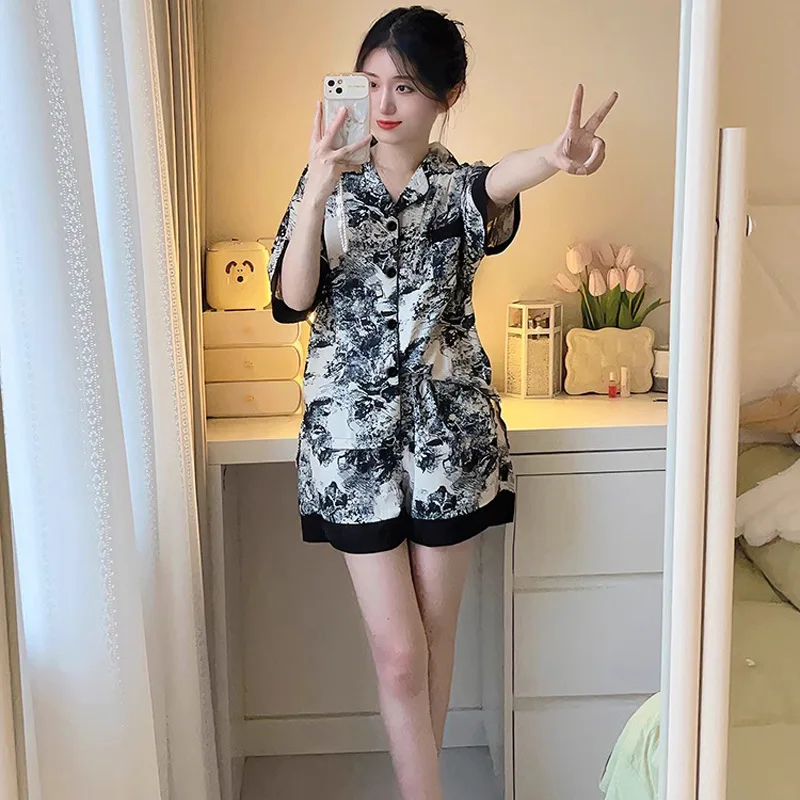 Ink and Wash Painting Women Pajamas Sets Summer China Style Faux Silk Satin Female Sleepwear Classic Elegant Short Housewear