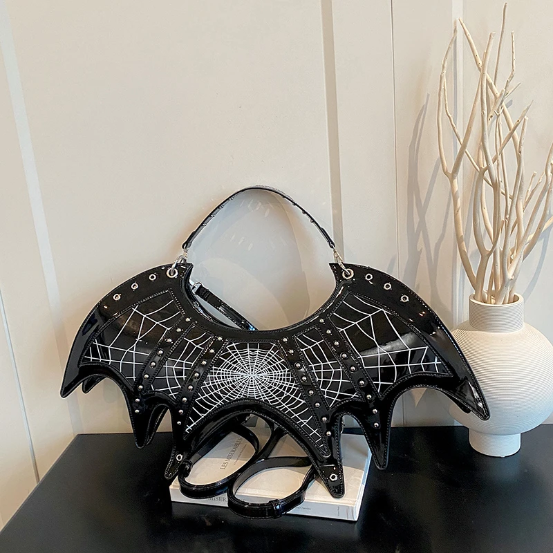 New Gothic Bat Wings Shoulder Bag Punk Rivet Spider Web Skull Crossbody Purse Halloween Party Cosplay Y2K Street Fashion Handbag