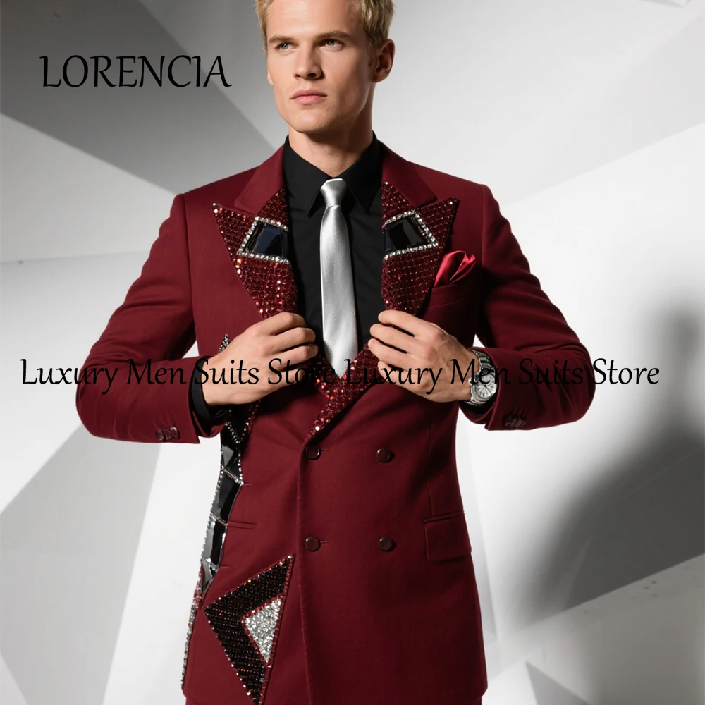 

Sparkling Crystal Male Suits 2 Pieces Double Breasted Tuxedos Wedding Groom Outfits Customized Blazer Pants roupas masculinas