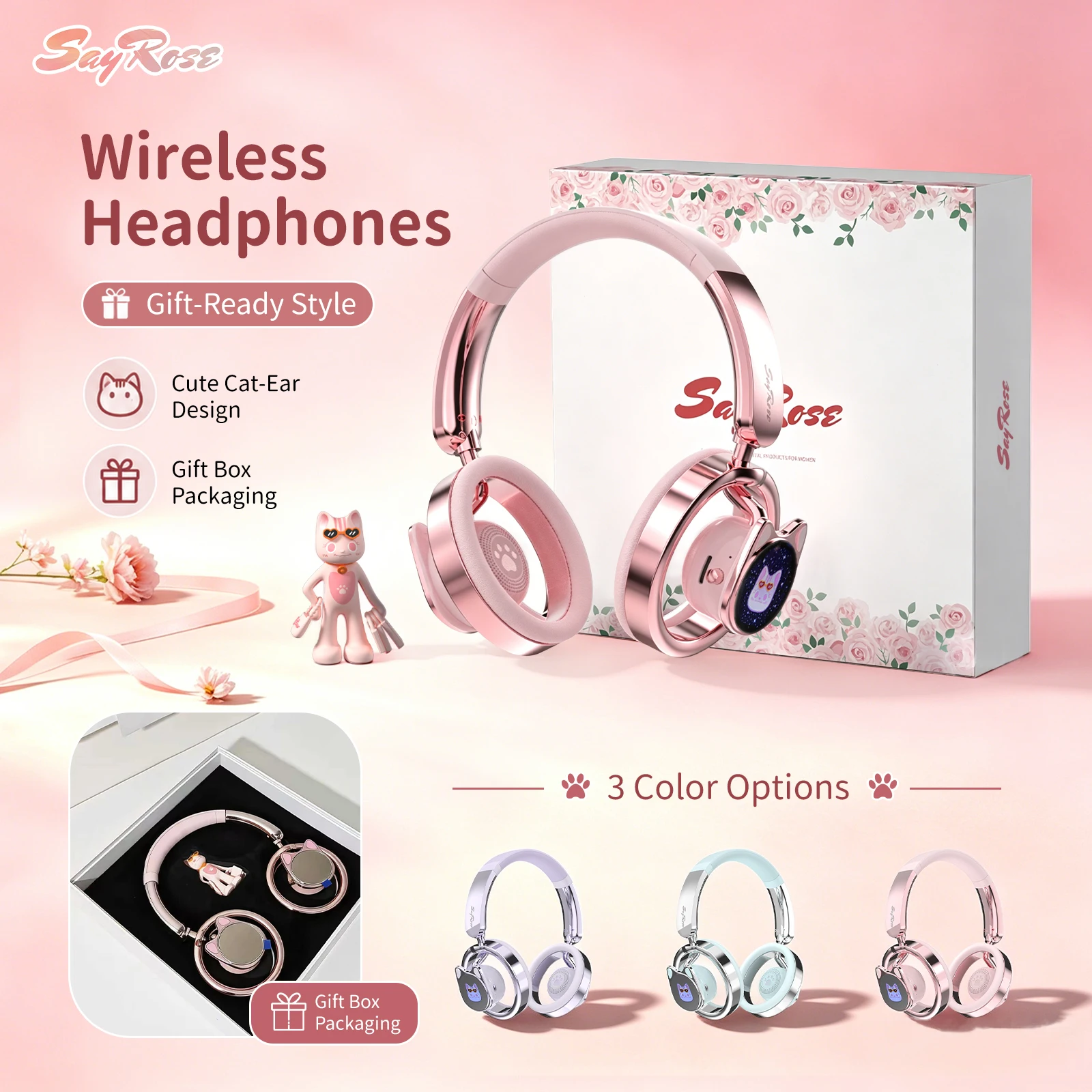 SayRose RJ‑98 Cute Cat‑Ear Starry Open‑Back Headphones Bluetooth V6.0 AAC SBC Audio Decoding 55H Talk Time IPX5 Sweatproof Wireless Headset for Phone Laptop Girls Gift