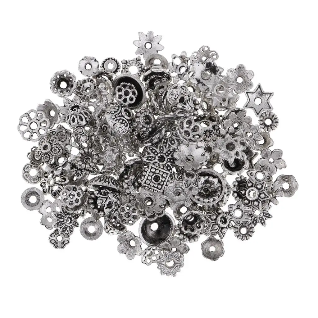 Silver Flower Beads Caps Assortment Jewelry Metal Spacers End Caps for Making Bracelets