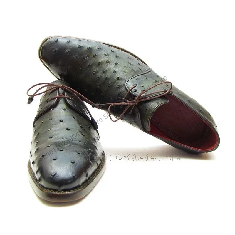 Green Ostrich Pattern Strappy Men Derby Shoes Fashion Lace Up Men Shoes Luxurious Handmade Party Banquet Office Men Dress Shoes