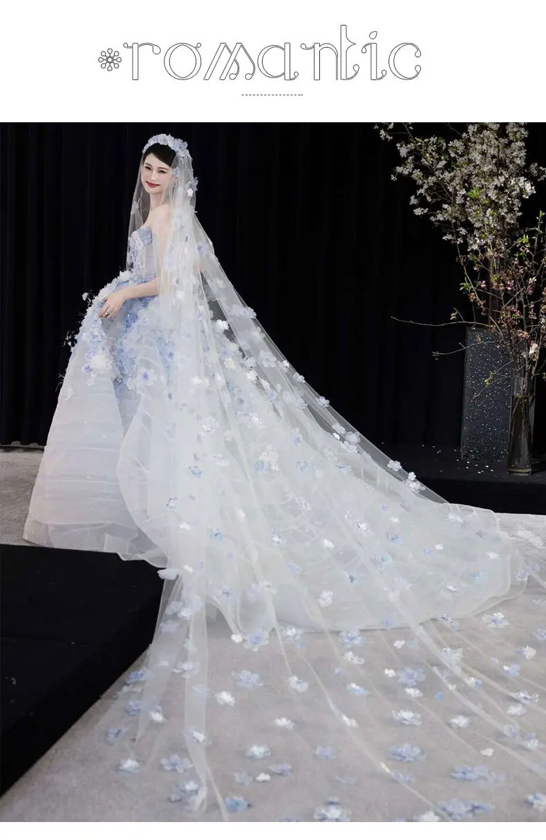 アイスブルーの花ウエディングドレスふわふわ妖精 Gilrs イブニングドレスオフショルダー 3D 花フォーマルドレス婚約ウェディングドレス