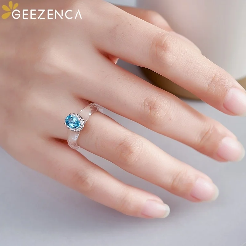 GEEZENCA Blue Topaz Stone 925 Silver Size 7 White Crystal Band Rings For Women Cubic Zirconia Clear Dainty Statement Ring Gift