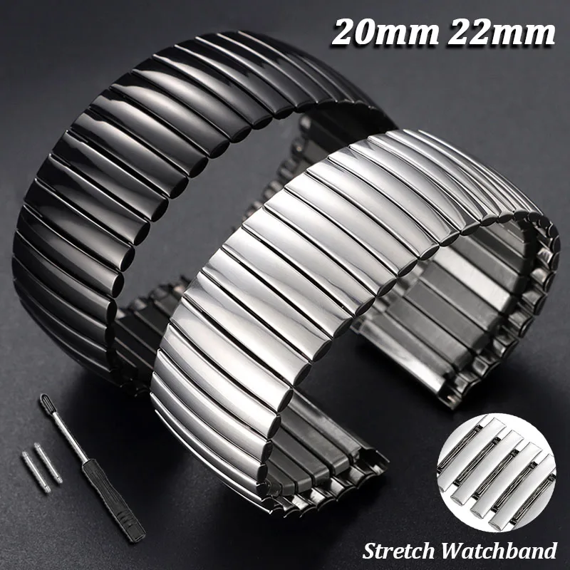 20mm 22mm Stretch Stainless Steel Watch Band Flexible Expansion Metal Strap Polished Matte Replacement Bracelet for Men Women