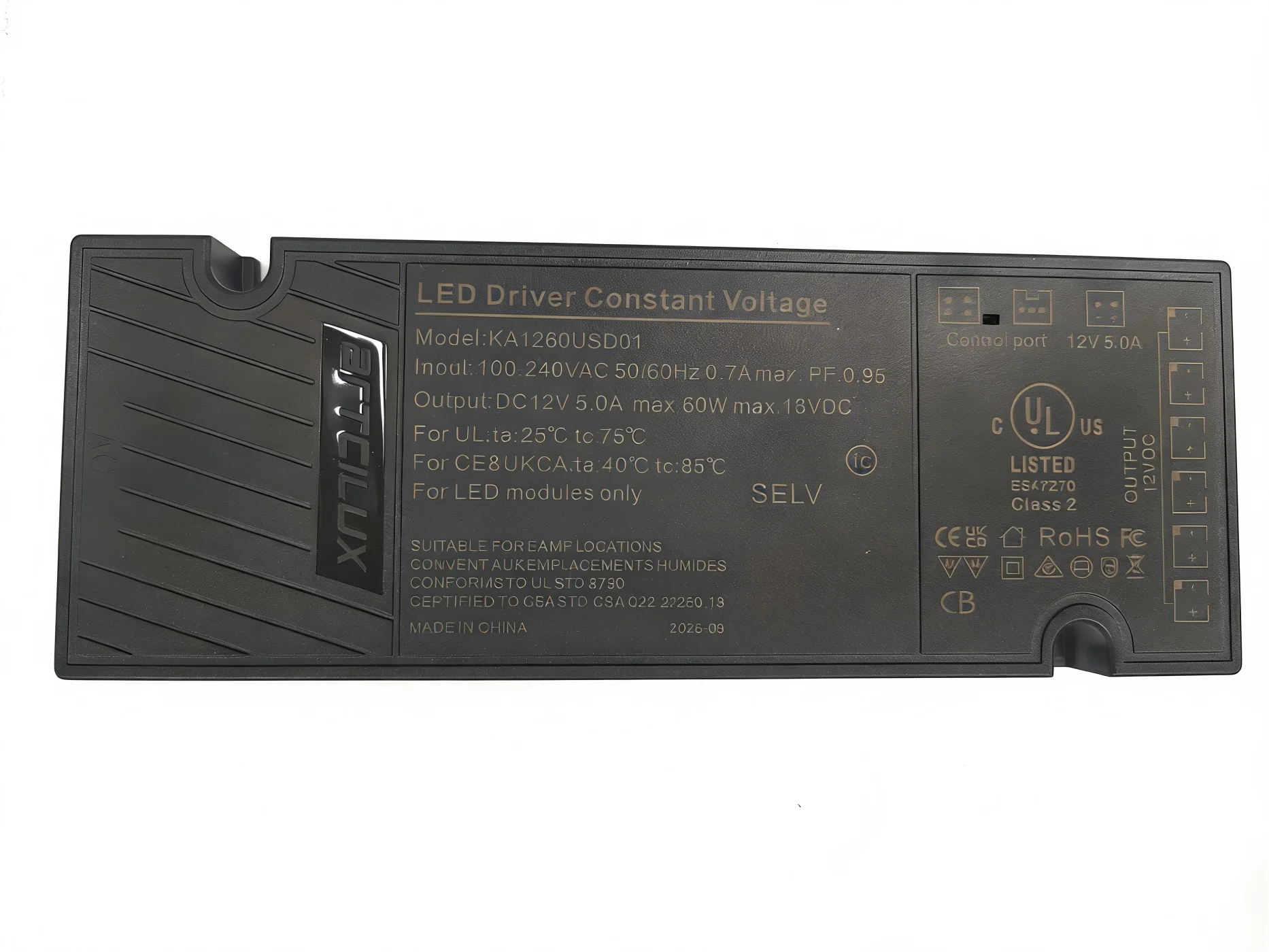 arTCILUX 12V60WAurora LED USD0112 Smart Ultra-Thin Power Supply complies with UL1310/UL8750 standards. Features short-circuit/ov