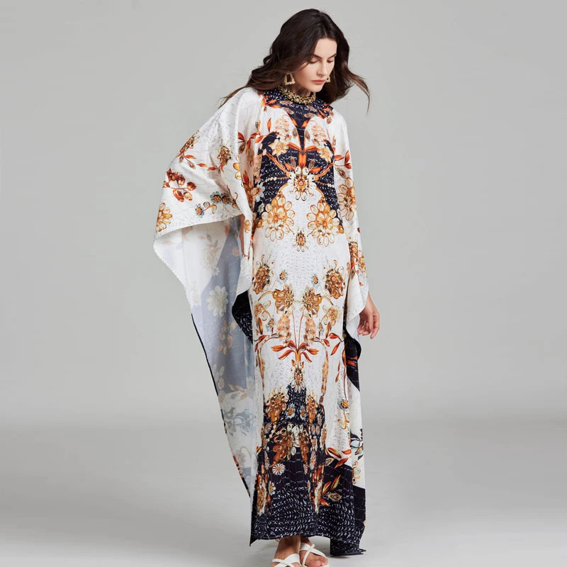 Luxury Crystal Beading Diamonds Loose Maxi Dress For Women Batwing Long Sleeve Flower Print Oversized Muslim Party Vestidos