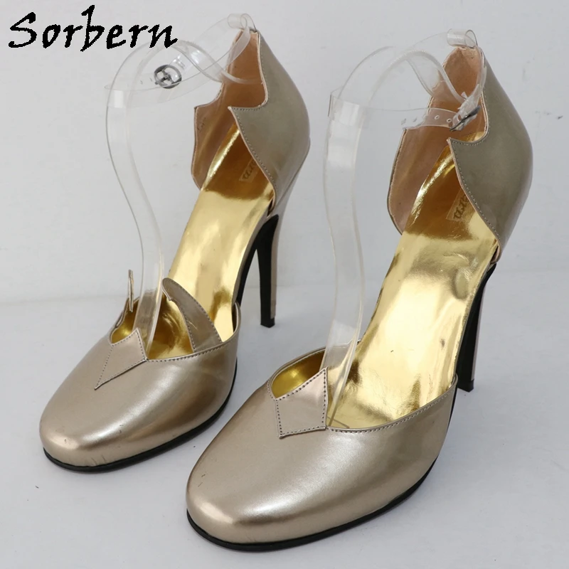 

Sorbern Gold Real Leather Women Shoes 14Cm High Heel Round Toe Transparent Ankle Strap Stilettos Pumps Made-To-Order