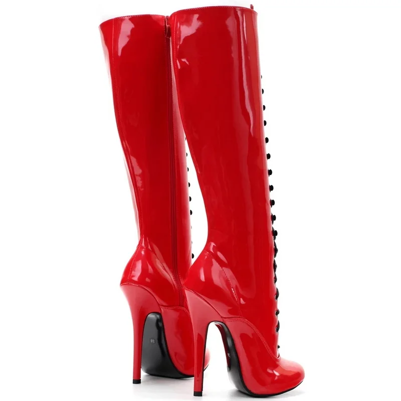 CACA Stivali alti al ginocchio da donna con tacco 14 cm, Scarpe cosplay SM da uomo fetish, Botas lunghi in pelle verniciata, Allacciatura, Taglia