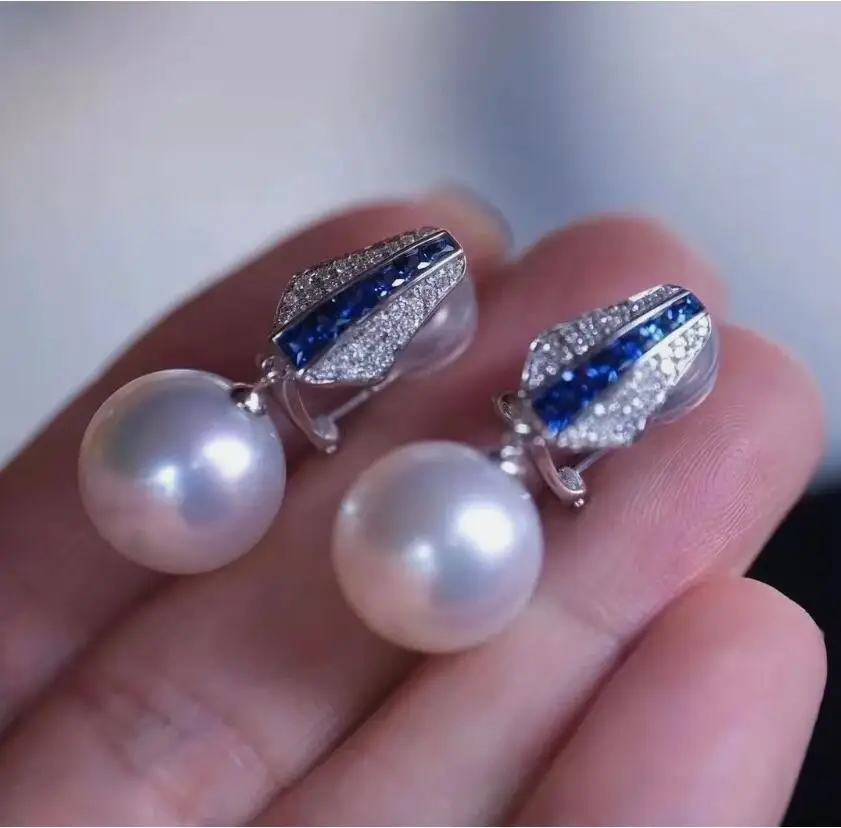 

classic pair of 10-11mm 9-10mm south sea round white pearl dangle earring 925s