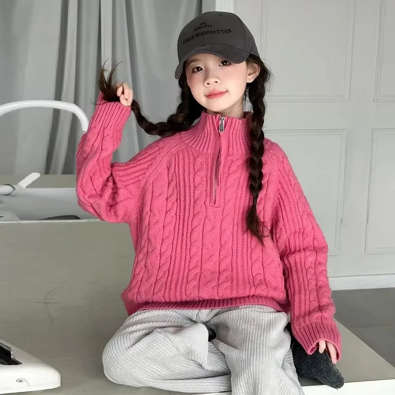 New Spring Kids Turtleneck Sweater for Girl with Zipper Teenage Rose Red High Neck Knitwear Child Half-Lock Knitted Outfits