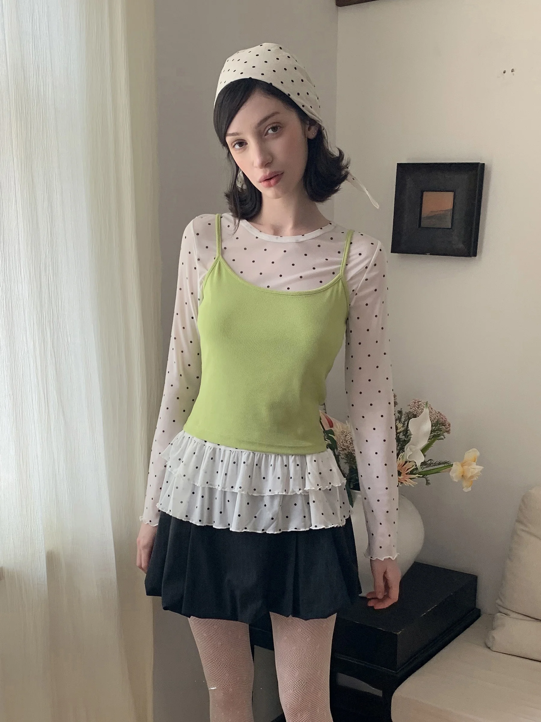 

JDE Green Sleeveless Knitted Halter Top Thin Polka Dot Print Long Sleeve T-Shirt Set Women Layering Two-Piece Set round Neck