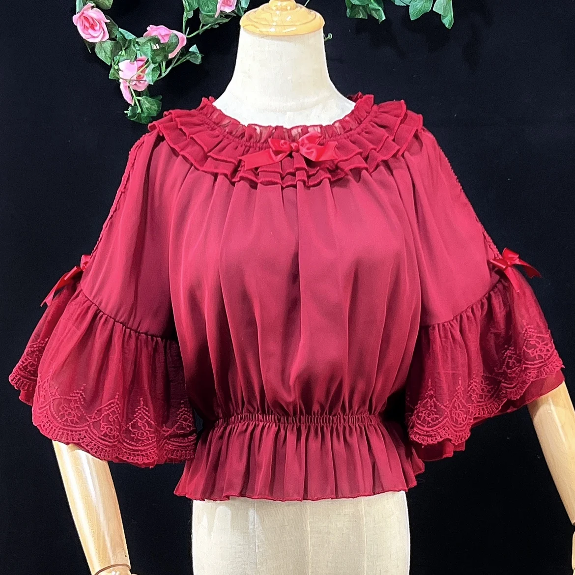 Süße Lolita süße Schleife Rüschen Chiffon Blusen Frauen Dreiviertel Flare Ärmel von der Schulter Hemd Ernte Top Mädchen Kawai Unterhemd