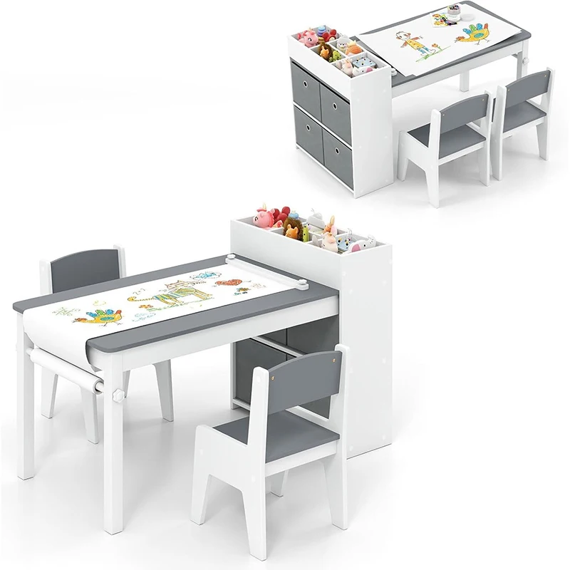 2-in-1 Kids Furniture Set Wood Activity Desk & 4 Canvas Storage Bins for Toddler Art Craft & Writing Paper Roll Holder