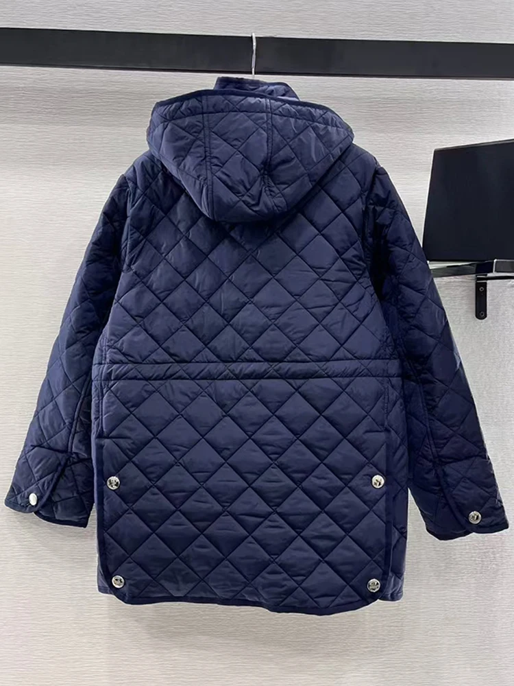 Vintage diamond-striped hooded stand-up collar cotton-padded jacket 2024 Winter women\'s new fashion all-match cotton jacket