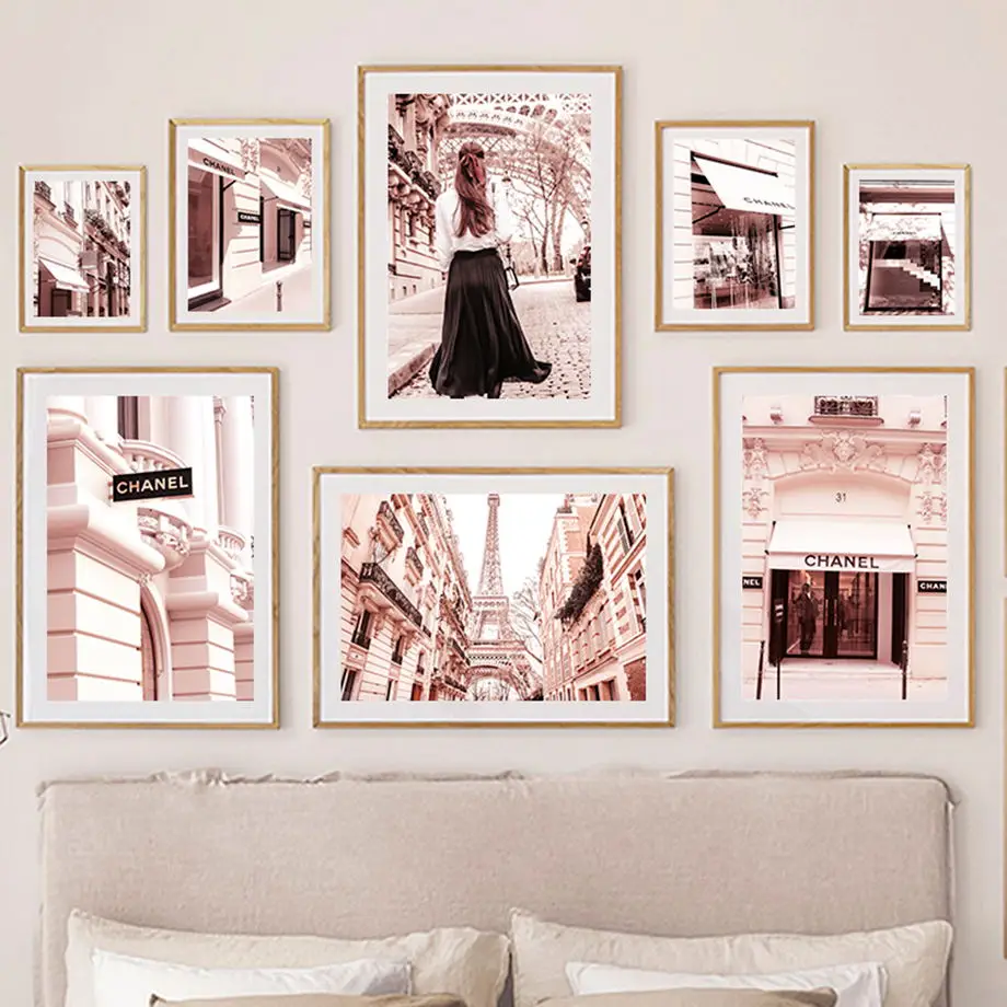 Paris Tower Street Luxury Stores Pink Fashion Posters Nordic Wall Art Print Canvas Painting Pictures For Bedroom Girl Room Decor