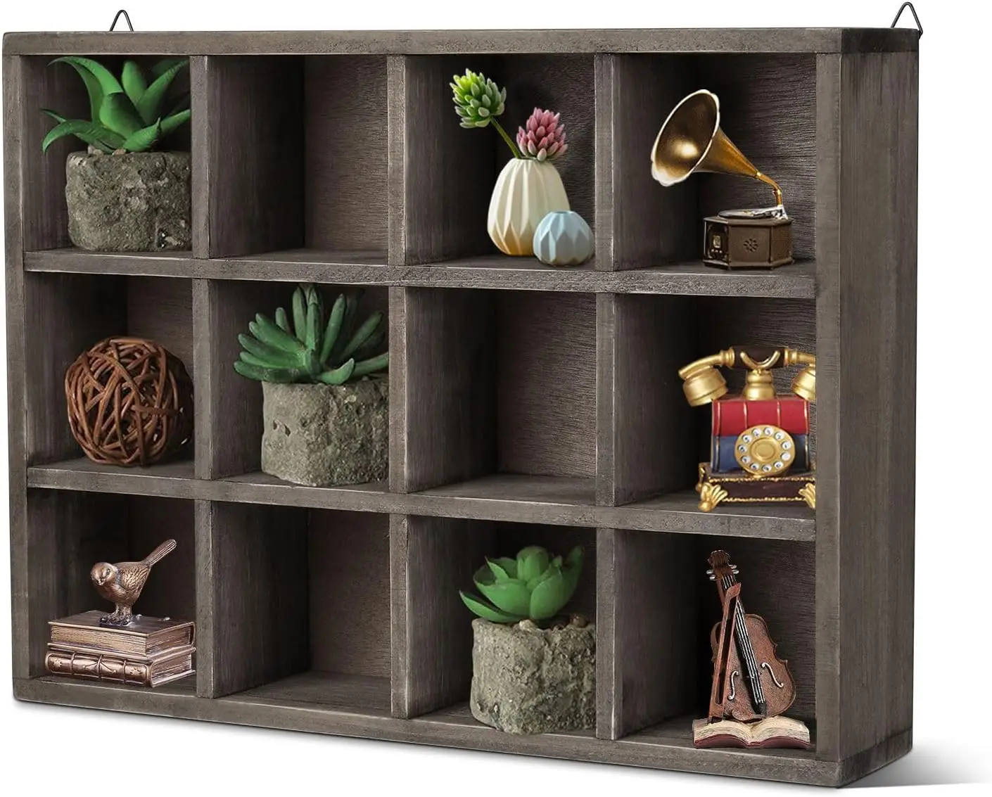 

Настенная плавающая полка с 12 отделениями, деревянная, в деревенском стиле, коричневая, для мелочей, универсальная