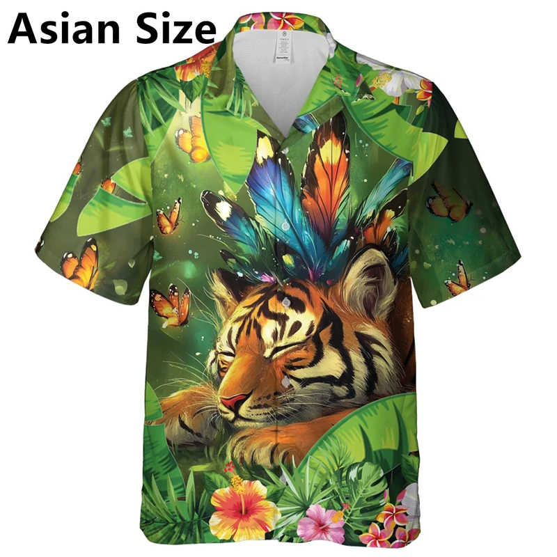 Fashion Tiger Graphic Hawaiian Shirts Trend Summer Short Sleeve 3D Animals Printed Shirts For Men Loose Lapel Button Blouse