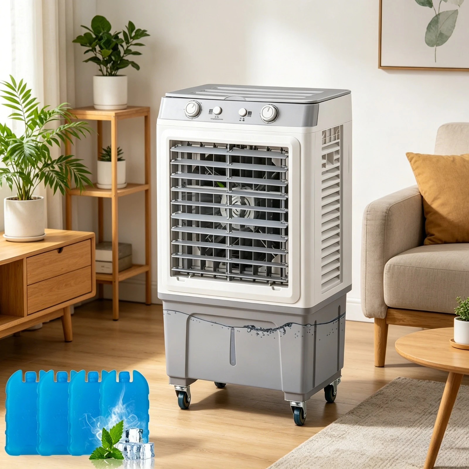 

Вентилятор 3-в-1 на 30 л с 4 ледяными кристаллами, колесиками, функциями кондиционирования воздуха, из АБС-пластика, белый корпус (вентиляция, охлаждение, увлажнение)