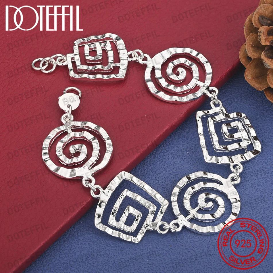 925 Sterling Silver 8-inch Delicate Square and Round Threaded Bracelet, Fashionable Women's Party Jewelry Accessories