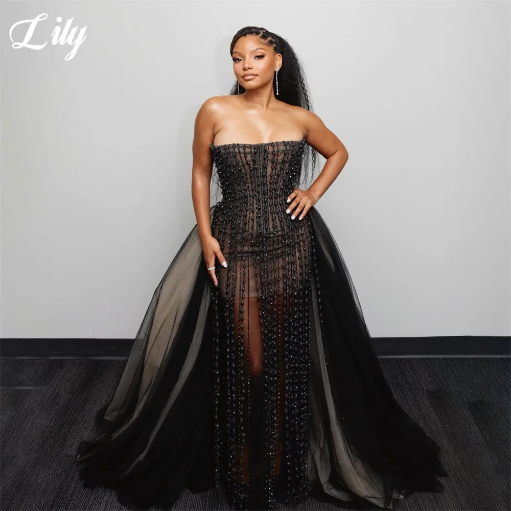 Lily Black Strapless Evening Dress Vertical Beaded Sheer Corset Party Dress with Tulle Train Prom Gown robes du soir Customized