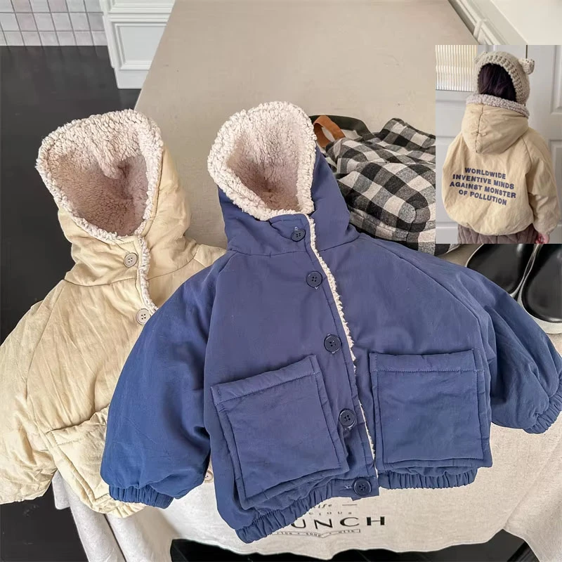 

Children Cotton-padded Jacket 1-6 Years Girls Boys Solid Pockets Fleece Letter Fleece Thickened Warm Outwear Coat Autumn Winter