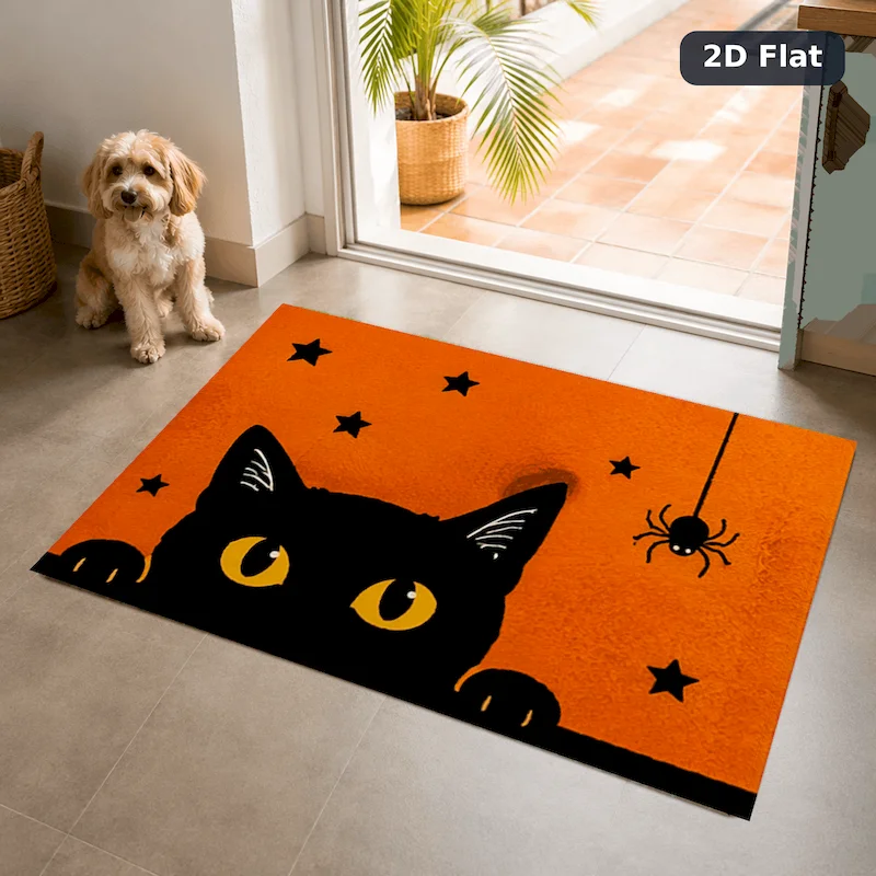 VIKAMA Halloween peeping black cat carpet entrance strange carpet orange star spider print floor mat home decoration