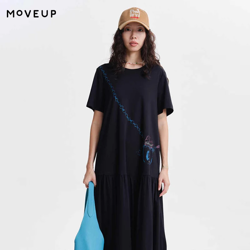 

MOVEUP Round Neck Knit Dress 2026 Spring New Printed Bag Patchwork Floral Hem Loose Casual Commuter Style Dress 3ELC11318