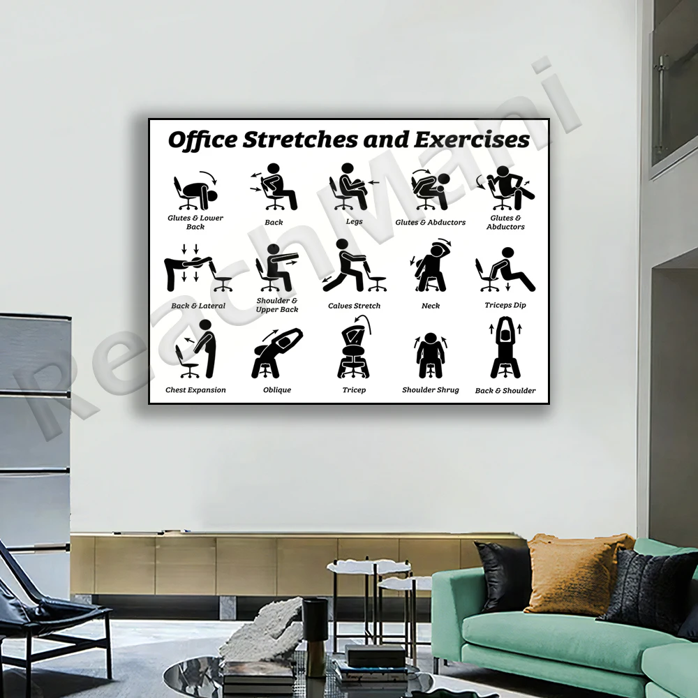 office stretching exercise relaxation technique posture chair muscle strain relief stress relief decoration poster