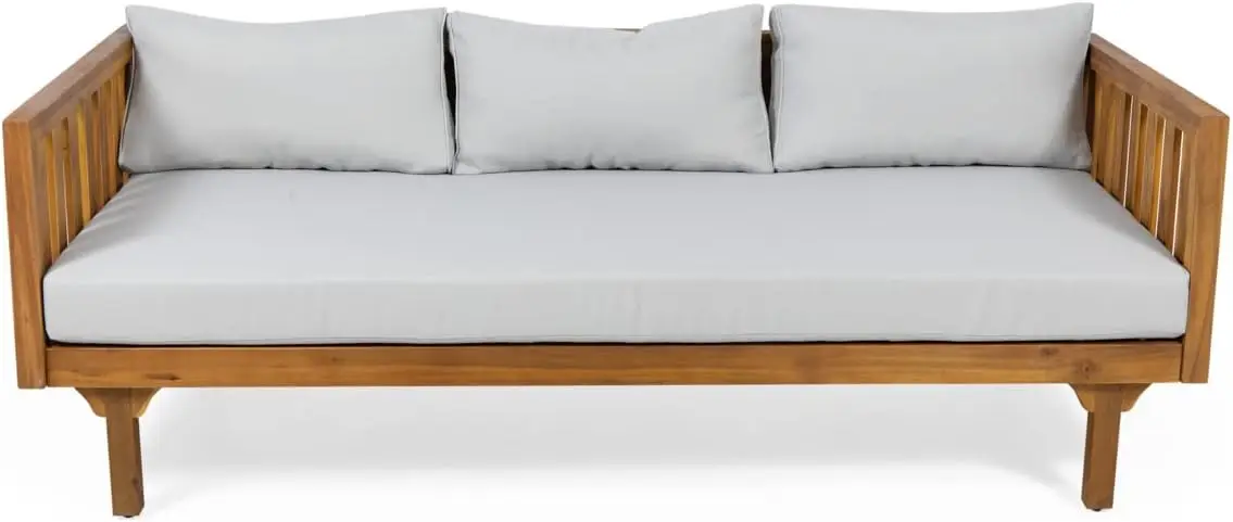 

Tina Outdoor 3 Seater Acacia Wood Daybed, Teak Finish, Light Grey