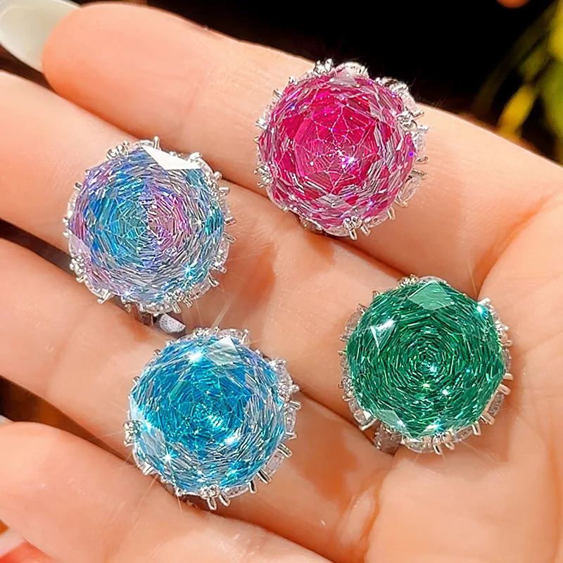 Round Spherical Cut Multicolor CZ Statement Ring Halo Paved Rhinestone Silver Plated Women Cocktail Party Fashion Ring